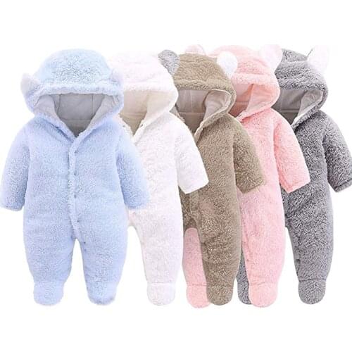 Unisex Baby Rompers Onesies Plush Warm Winter Coats Cute Newborn Infant Hooded Jumpsuit Cute Cartoon Snowsuit Bodysuits