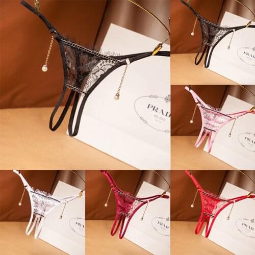 Hot New Lady Sexy Lace Crotch Opening Thong Panties Temptation Sexy Bikini Underwear G-String Pearl Pendant For Women Jewelry
