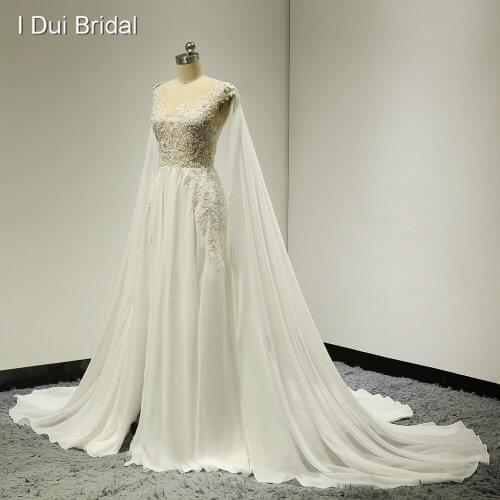 Illusion Silver Lace Wedding Dresses with Detachable Shoulder Scarf Split Leg Sexy A line Chiffon Factory Custom Made ELS-001