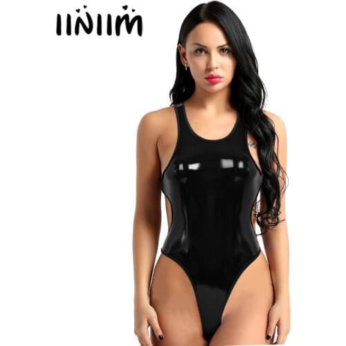 Womens Adults Wetlook Costumes PU Leather Backless High Cut Tank Thong Leotard Bodysuit Sexy Dancing Pole Nightwear Clubwear