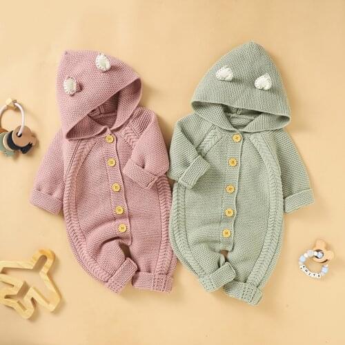 Toddler Baby Hooded Jumpsuit Single Breasted Solid Knitted Jumpsuits with Cartoon Ear Decoration Newborn Autumn Casual Clothing
