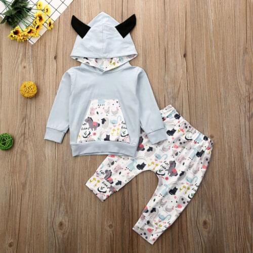 0-24 Months Baby Outfits Infant Autumn Boys Clothes Horn Ear Hooded Sweatshirt Tops Horse Animal Print Pant Baby Girls Outfit