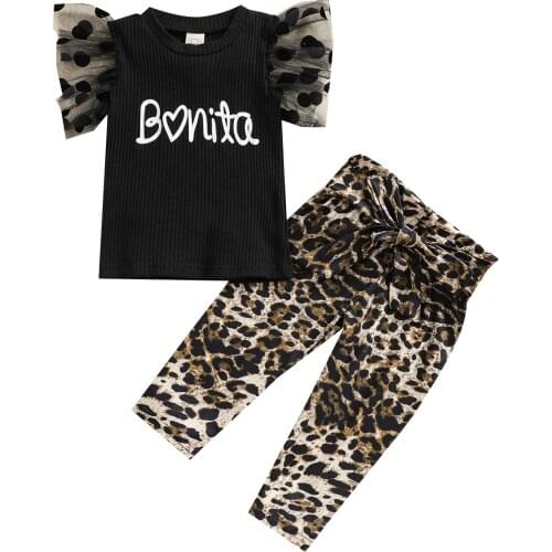 New 2Pcs Kids Summer Tracksuit, Girls Letters Print Ruffled-Sleeve T-Shirt + Leopard Print Casual Pants, 6 Months to 4 Years