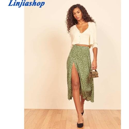 Fashion Women French Vintage Wave Point Print Skirt 2021 Sexy Split High Waist Ladies Chic Skirts