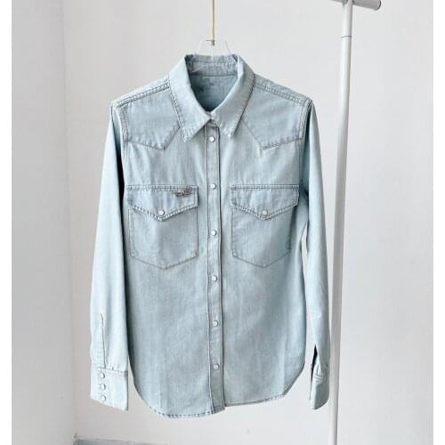 Fashion Retro Washed Denim Shirt Collar Chest Pockets Wing Brooch Decoration Front Buttons Long Sleeves Blouse Top