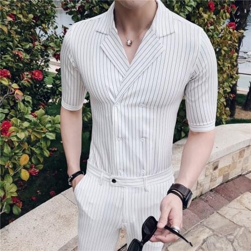 Camisa Masculina Double Breasted White Shirts Mens Smart Stripe Shirts Mens Summer Slim Fit Mens Shirts 2018 Conjunto Social