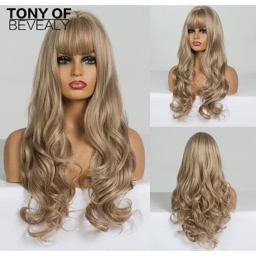Long Wavy Blonde Synthetic Hair Wigs With Bangs for Woman African American Natural Daily Hair Wigs Heat Resistant Fiber