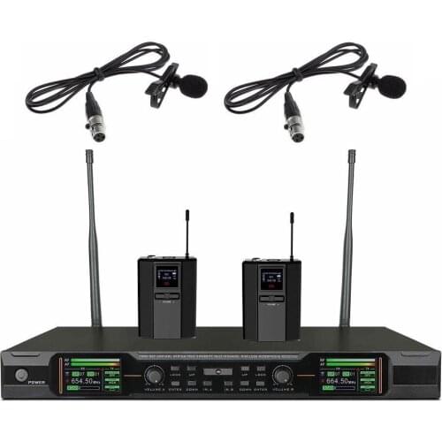 Lavalier Lapel Microphone Wireless System True Diversity Professional UHF Dual Cordless Microphones for Schoor Meeting
