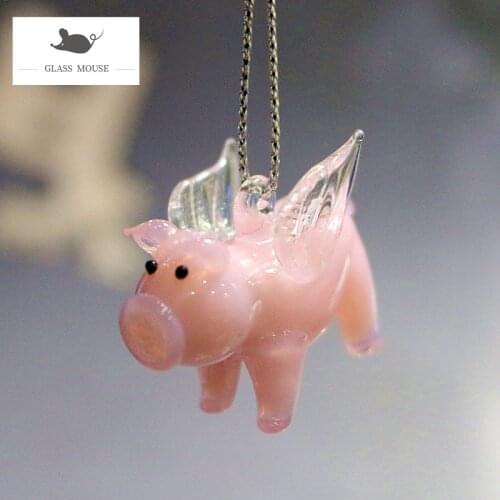 Hanging Decorative Figurine Mini Murano Glass Pink Flying Pig Ornaments Christmas Decor Accessories Handmade Cute Animal Pendant