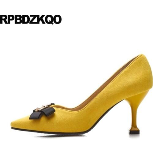 High Heels 13 45 Thin Size 33 Big Black Slip On Pumps 3 Inch Suede Cheap Bee Pointed Toe Ladies Yellow Shoes 2021 Scarpin 12 44