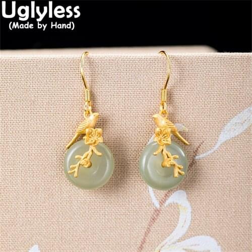Uglyless Magpie on Plum Blossom Natural Jade Earrings Women Handmade 925 Silver Birds Earrings China Chic Brincos Peace Buttons