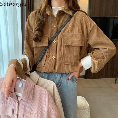 Corduroy Single Breasted Blouses Women Solid Ulzzang Safari Style Pockets Shirts Leisure All-match Chic Simple Retro Fashion New