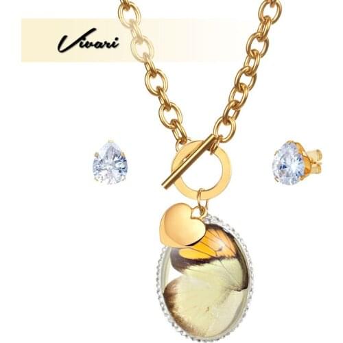 Vivari Butterfly Wing Specimen Pendant Long Necklace for Women Jewelry Set Eye Clean Crystals Earrings Stud Stainless Steel