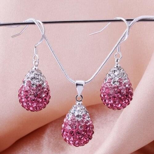Top Quality Pink Gradual Big Water Drop Austria Crystal Snake Chain Fashion Jewelry Sets Earrings Necklace For Women 18 inches