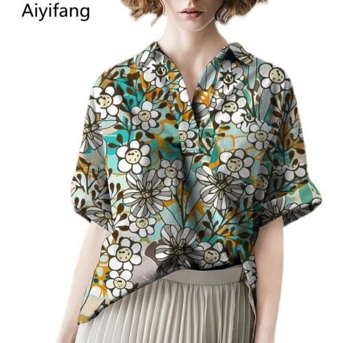Camicia Mujer Vintage Fashion Printed Floral Blouses Womens Summer Short Sleeve Elegant Shirts Office Lady Plus Size Loose Tops