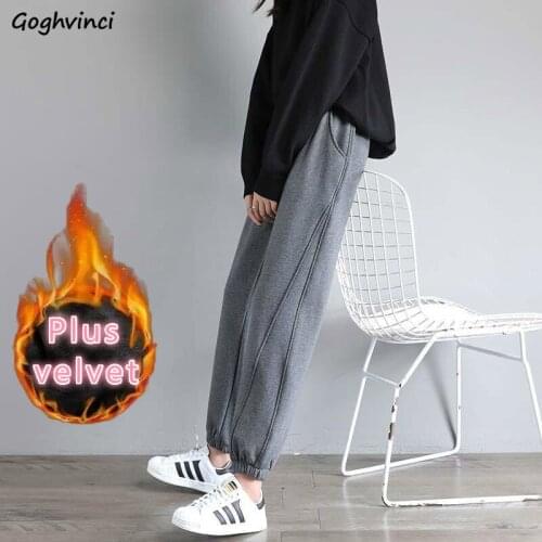 Women Sweatpants Solid Plus Velvet Winter Thick Soft Straight Harem Trousers Pleated Simple Daily Female Pants Trendy Slim Chic