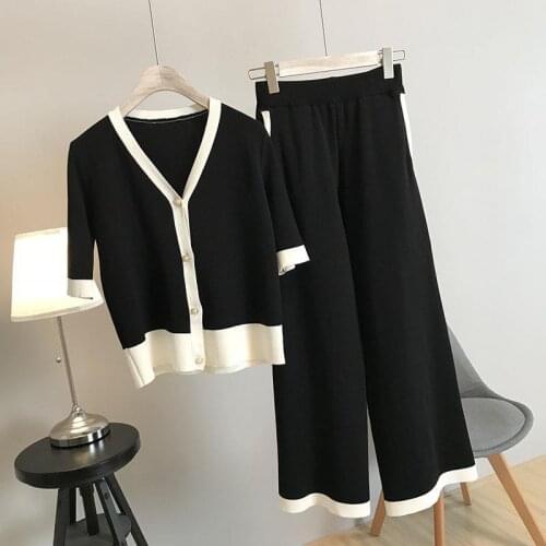 Spring Tracksuits Two Piece Sets Wide Leg Pants Suits for Women Knitted Half Sleeve Two Piece Set Cardigan Women Outfits