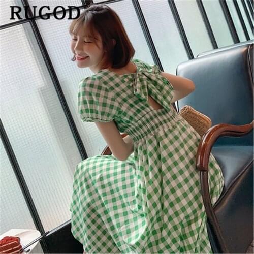 RUGOD Elegant Big Bow Hollow Out Plaid Party Dress Women Fashion Puff Sleeve A Line Dresses Vestidos Female Elegant Dress Femme