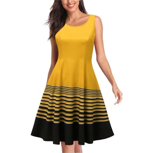 Summer Vintage Dress Women Elegant A-Line Party Wedding Cocktail Swing Dress Fashion Sleeveless Striped Yellow Dailydress