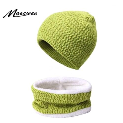 Winter Warm Neck Scarf Beanie Hat Set Female Hats Scarves Outdoor Plus Velvet Knit Women Scarf Hat With Lining Three-Piece Set