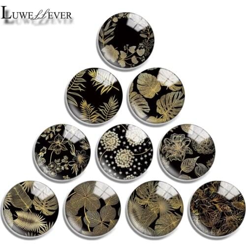 12mm 16mm 20mm 25mm 30mm 40mm 725 Golden Leaves Mix Round Glass Cabochon Jewelry Finding 18mm Snap Button Charm Bracelet
