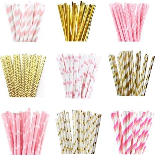 25pcs Foil Gold Light Pink Color Paper Straws For Birthday Wedding Decorative Event Party Supplies Environmental Drinking Straws
