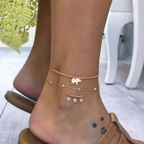 3pcs/set Trendy Women Girls Anklets Summer Beach Jewelry Accessories Gold Color Cute Elephant Star Charm Bracelets For Ankle