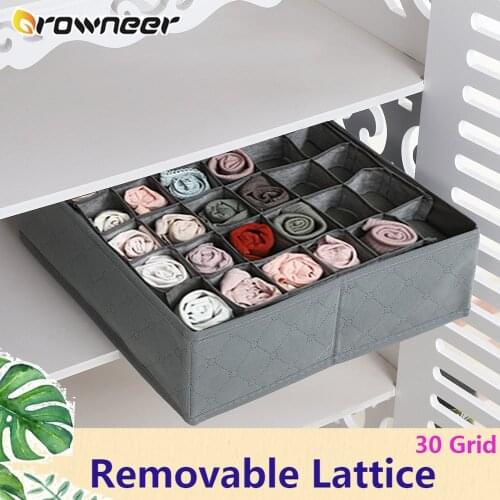 30 Grids Removable Lattice Underwear Drawer Storage Box Collapsible Bamboo Charcoal Fibre Cloth Cabinet Gray Bra Socks Organizer