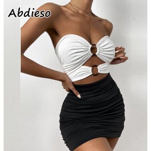 Abdieso White Ruched Strapless Mini Bodycon Dress Women 2021 Hollow Out Sleeveless Summer Party Club Wrap Sexy Dress Femme