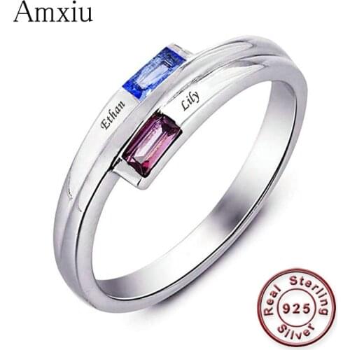 Amxiu Custom 925 Silver Wedding Rings Engrave Two Names with Birthstone Ring For Bridal Women Special Gift Birthday Party Bijoux
