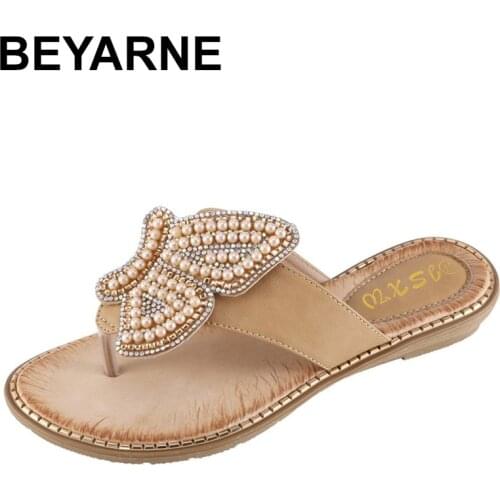 BEYARNENew 2020 ladies sandals slippers bohemia rhinestone pearl butterfly decorative women shoes summer beach flip flops women