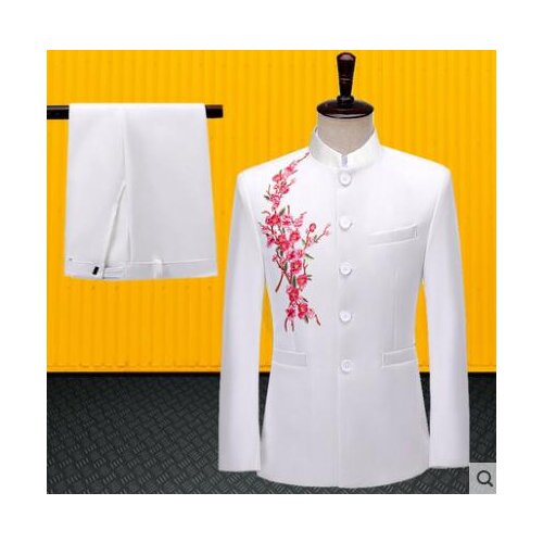 Embroidery blazer men Chinese tunic suit set with pants mens wedding suits singer stand collar white clothing formal dress b