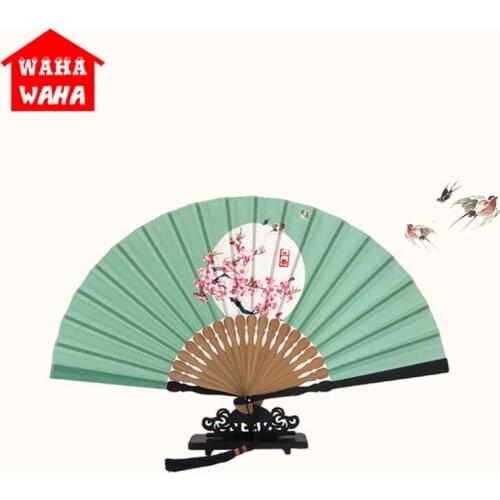 Cininese Wintersweet Pattern Bamboo Silk Damask Folding Fan Four Seasons Poem Folding Fan Wedding Decoration Party Gifts