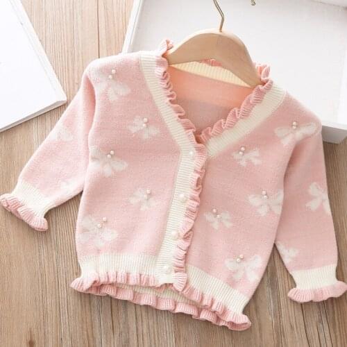 Baby girl v collar butterfly pattern pearl knitted cardigan kids sweater wholeale children clothes