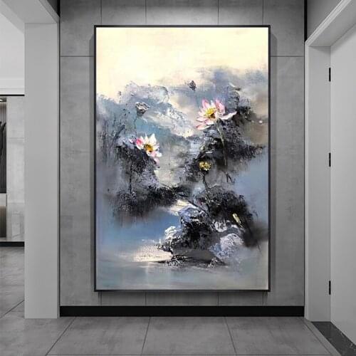 Pure Handmade Oil Painting Chinese Style Modern Home Decorative Painting Simple Vertical Black White Gray Mural Lotus Painting