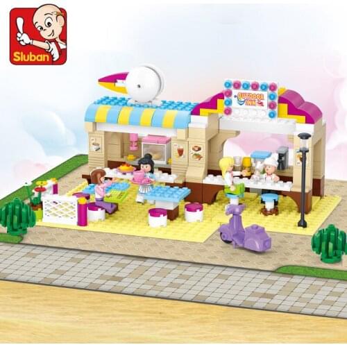 SLuban Pink Open Air Restaurant Educational Toys Childrens Assembled House City Building Block Minifigures Toy Gift For Kids