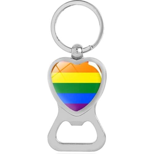 LGBT Pride Rainbow Jewelry Heart Glass Beer Bottle Opener Keychains Rose Gold Silver Color Gay Lesbian Key Chains