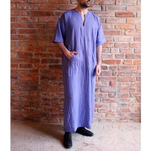 T-Shirts 2019 New Brand Mens Casual Ethnic Robes Loose V-Neck Short Sleeve Solid Vintage Pockets Kaftan New T-Shirts