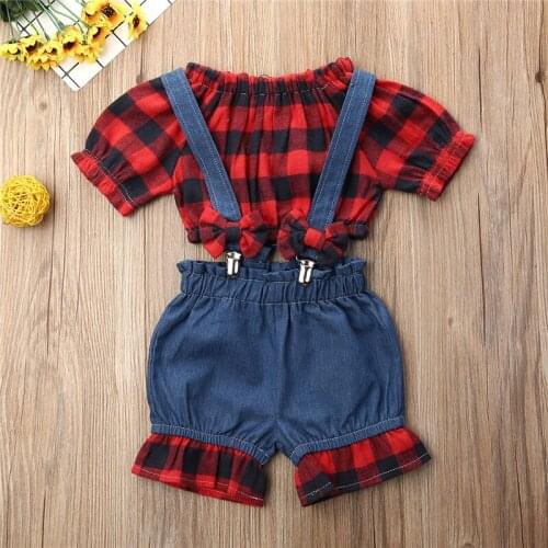 1-6 Years Toddler Girls Outfits 2020 Fashion Girls Clothes Set Red Black Plaid Short Tops Overalls Girls Clothing Suits Kids Set