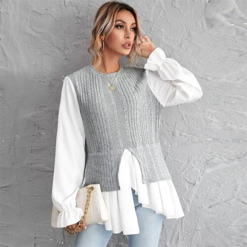 2021 Autumn Women Sweaters Knitted Shirt Was Thin And Fake Two Loose Top Round Neck Long Sleeve Casual Ruffle Womens Pullover