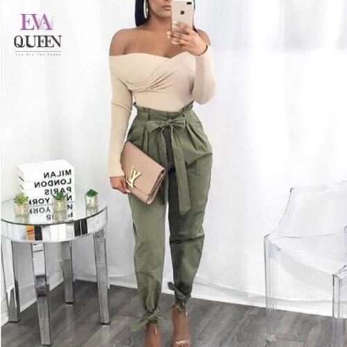 EvaQueen Autumn Solid Green Bow Tie Pants For Women Zippered Mid Waist Casual Pants Slim Pockets Female Street Pencil Trouses