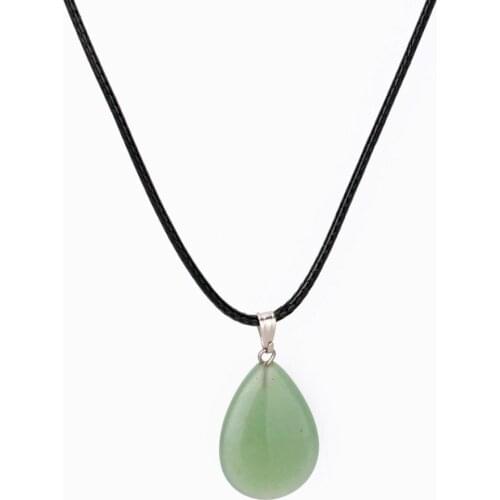 Green Aventurine Water Drop Natural Stone Quartz Pendant Necklace Women Men Choker Gifts Jewelry Leather Chain Charms New