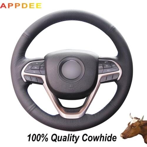 Hand-stitched Black Genuine Leather Steering Wheel Cover for Jeep Grand Cherokee 2014-2016