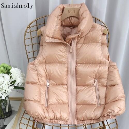 Sanishroly New Women White Duck Down Vest Warm Thicken Waistcoat Parka Female Stand Collar Sleeveless Short Down Coat Tops S1108