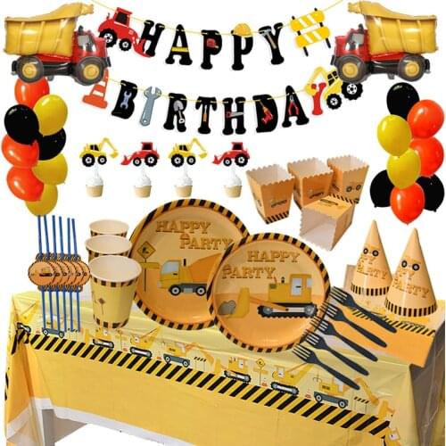 Construction Party Tableware Plates Vehicle Excavator Happy Birthday Banner Letter Flag Cake Topper Baby Shower Decor Balloons