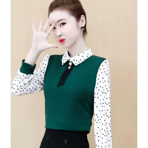Spring Autumn Style Women Blouses Shirts Lady Casual Long Sleeve Peter Pan Collar Patchwork Polka Dot printed Blusas Tops DD8989