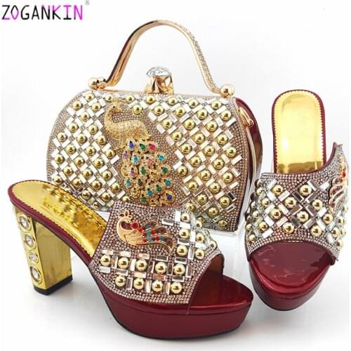 Wine Color Special Arrivals Women Shoe and Bag Set Italian Party Pumps Lady Shoes and Bag to Match with Shinning Crystal