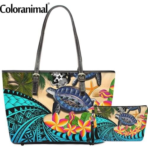 Coloranimal Women 2Pcs/Set Shoulder Bag With Purse Hawaiian Polynesian Plumeria Turtle Print Lady Crossbody Bag PU Tote Handbag