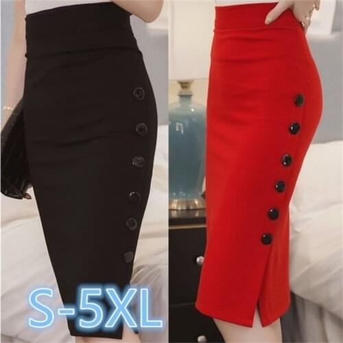 Elegant Skirts Women Vintage Office Lady High Waist Buttons Slit Pencil Skirts Women Plus Size S-5Xl Stretch Midi Skirts