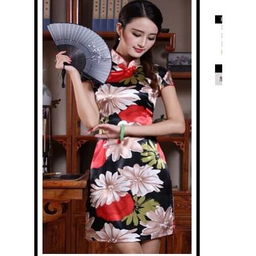 1pcs/lot traditional style female satin short dress lady Chinese style print short summer cheongsam casual dress